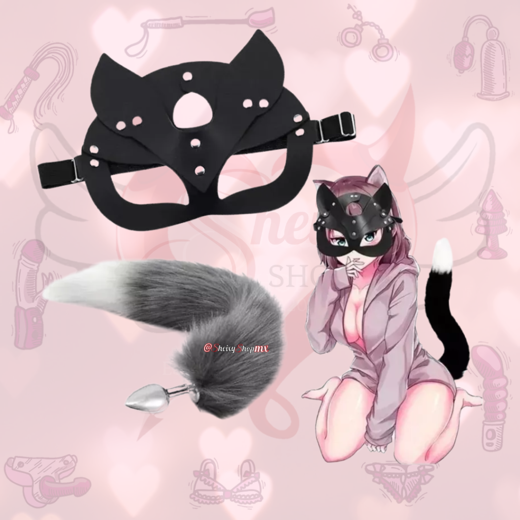 Accesorios eróticos de rol con antifaz y orejas, cola de peluche en gris y blanco, disponibles en Sheixy Shop México
