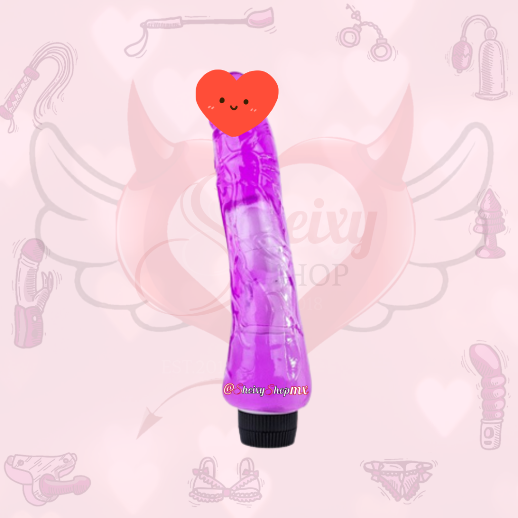 Vibrador morado translúcido con textura y base negra, disponible en Sheixy Shop México