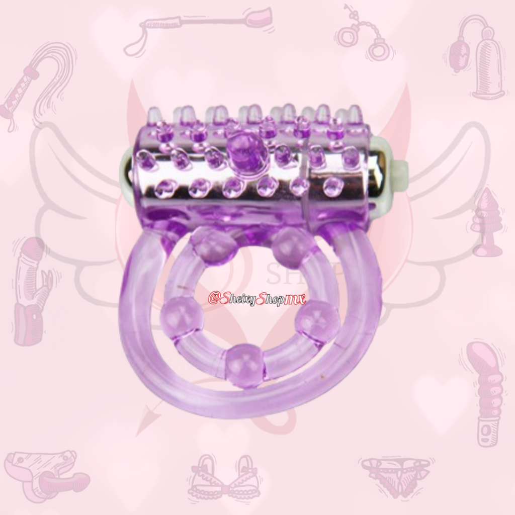Anillo vibrador morado con bala texturizada y doble aro flexible, disponible en Sheixy Shop México