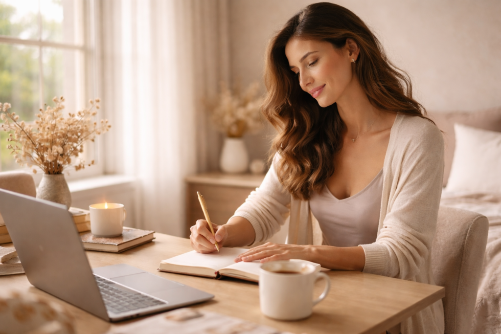 Imagen Sheixy Shop: persona escribiendo en libreta sobre escritorio de madera con laptop, vela encendida y luz natural.