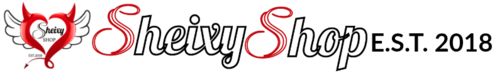 Logotipo Sheixy Shop: corazón con cuernos, alas negras y cola de diablo junto a texto estilizado en rojo y blanco