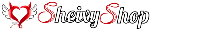 Logotipo Sheixy Shop: corazón con cuernos, alas negras y cola de diablo junto a texto estilizado en rojo y blanco